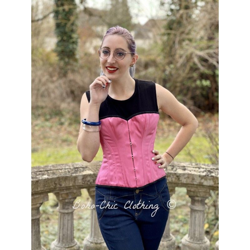 corset overbust C110 in pink satin edged with black - Boho-Chic Clothing
