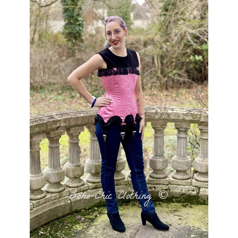 corset overbust C140 in pink satin with black lace and with 6