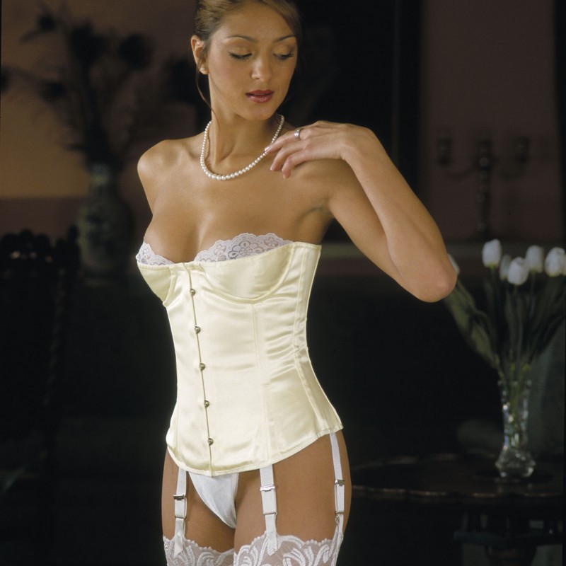 corset overbust C425 in ivory satin with 6 thin white suspenders -  Boho-Chic Clothing