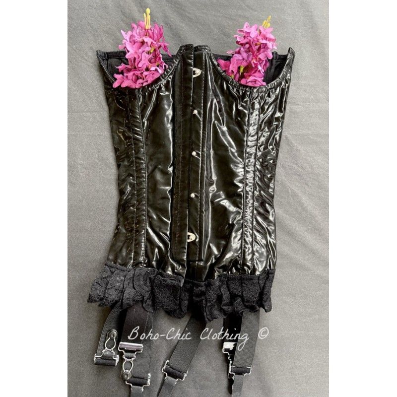 corset overbust C120 in black PVC with 6 wide black suspenders