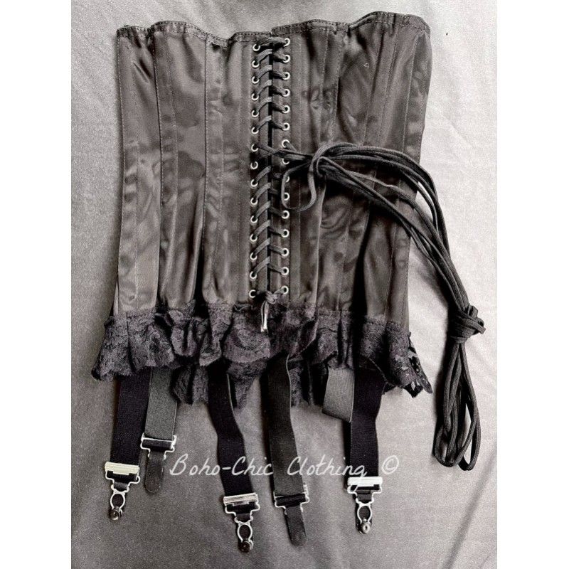 corset overbust C120 in black satin with 6 wide black suspenders