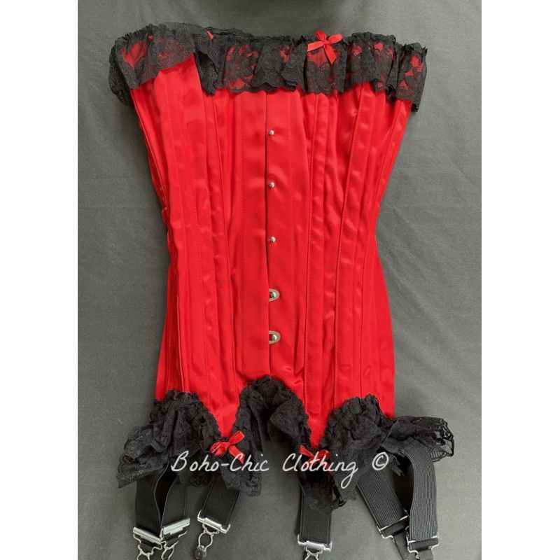 corset overbust C140 in red satin with black lace and with 6 wide black  suspenders - Boho-Chic Clothing