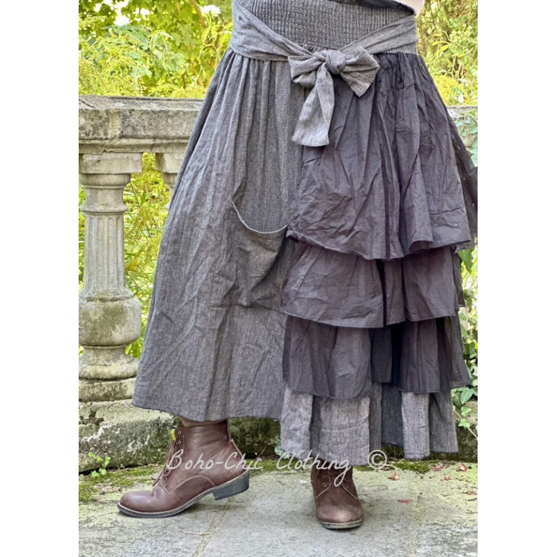 skirt GENTIANE Black linen and organza - Boho-Chic Clothing